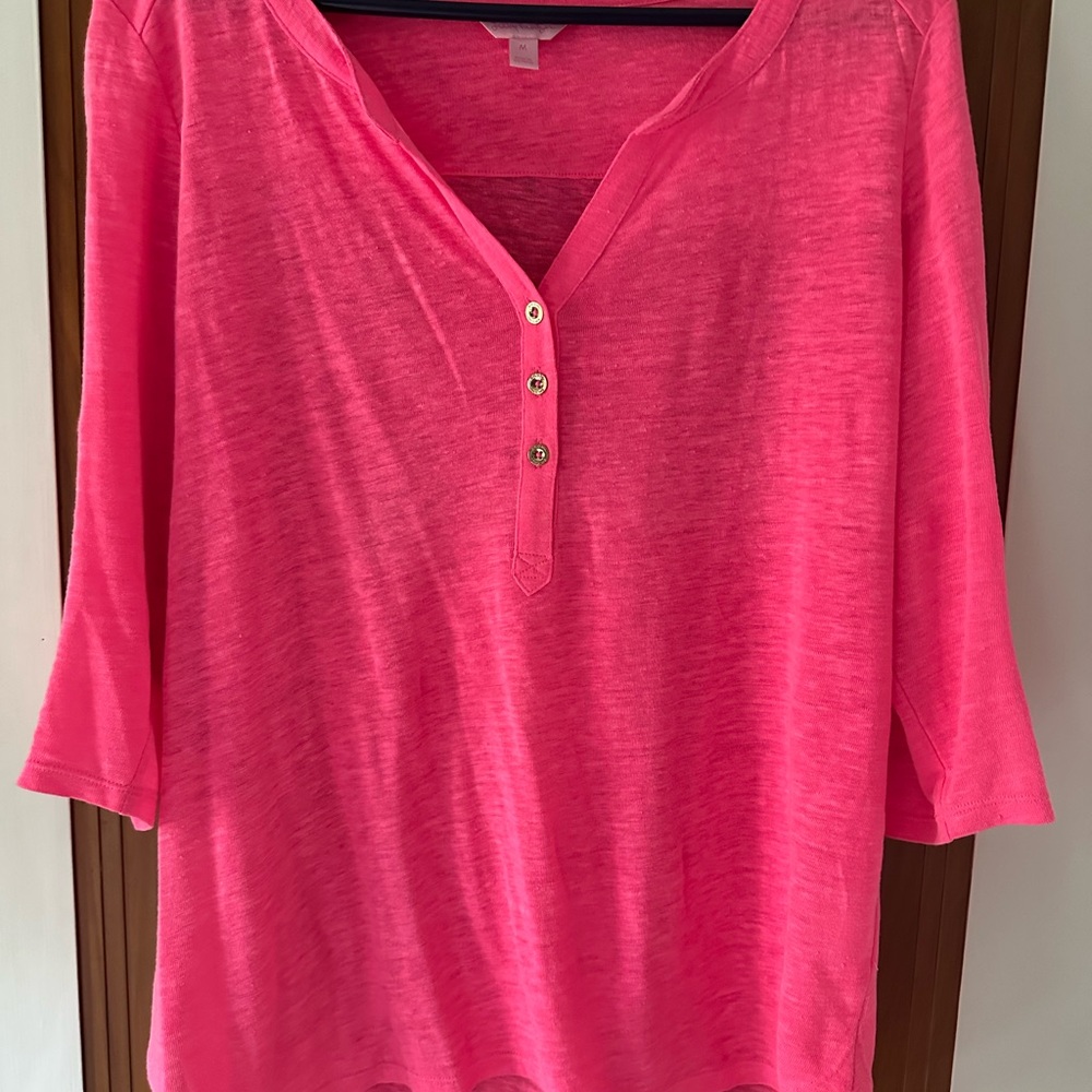 Lilly Pulitzer Linen Pink Henley Sleeve Top